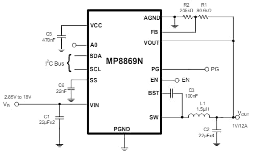 Application Circuit Diagram - Monolithic Power Systems (MPS) MP8869N Switching Voltage Regulators